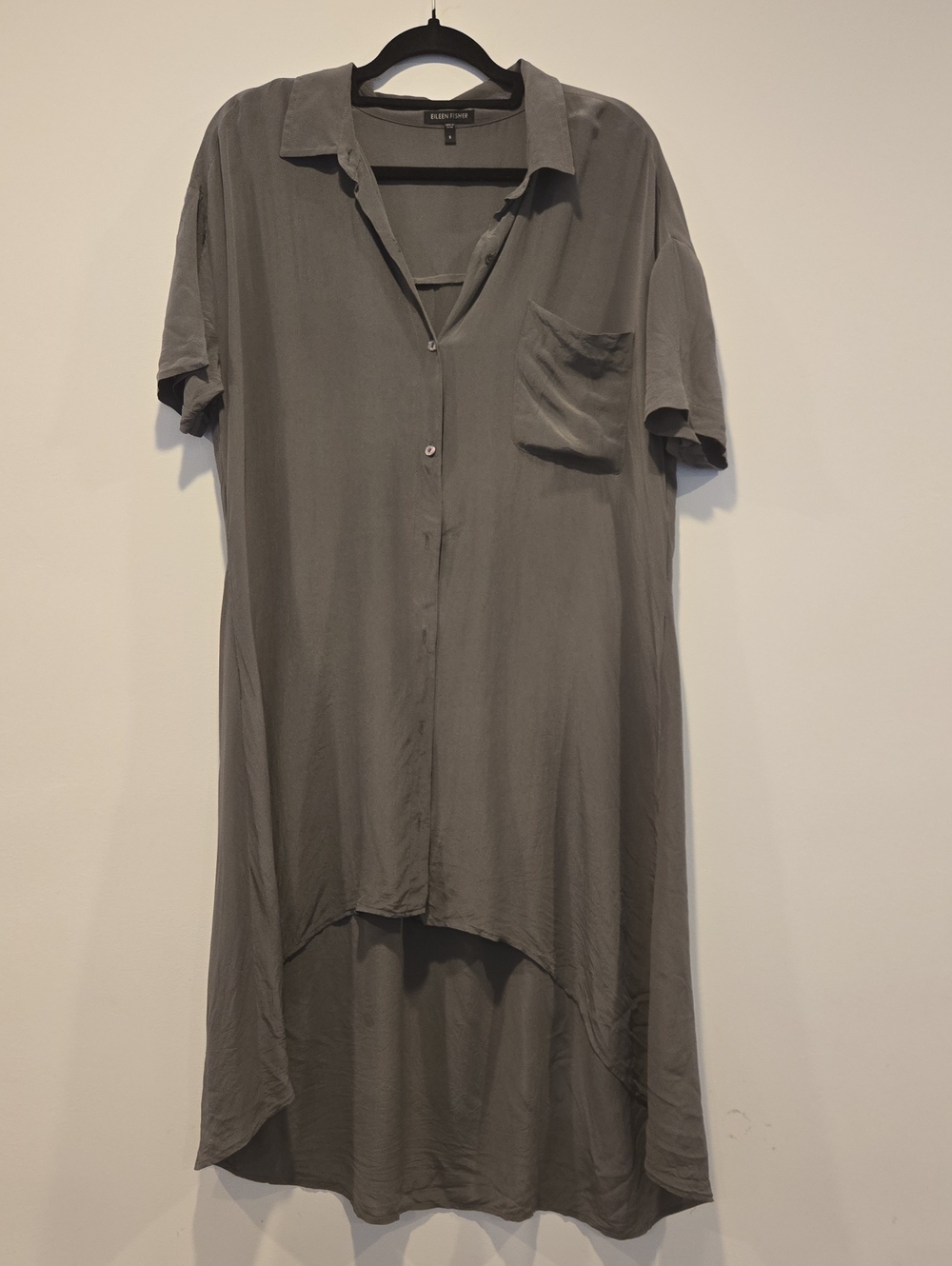 Eileen Fisher Silk Shirt Dress Small Gray Asymmetrical Button Down